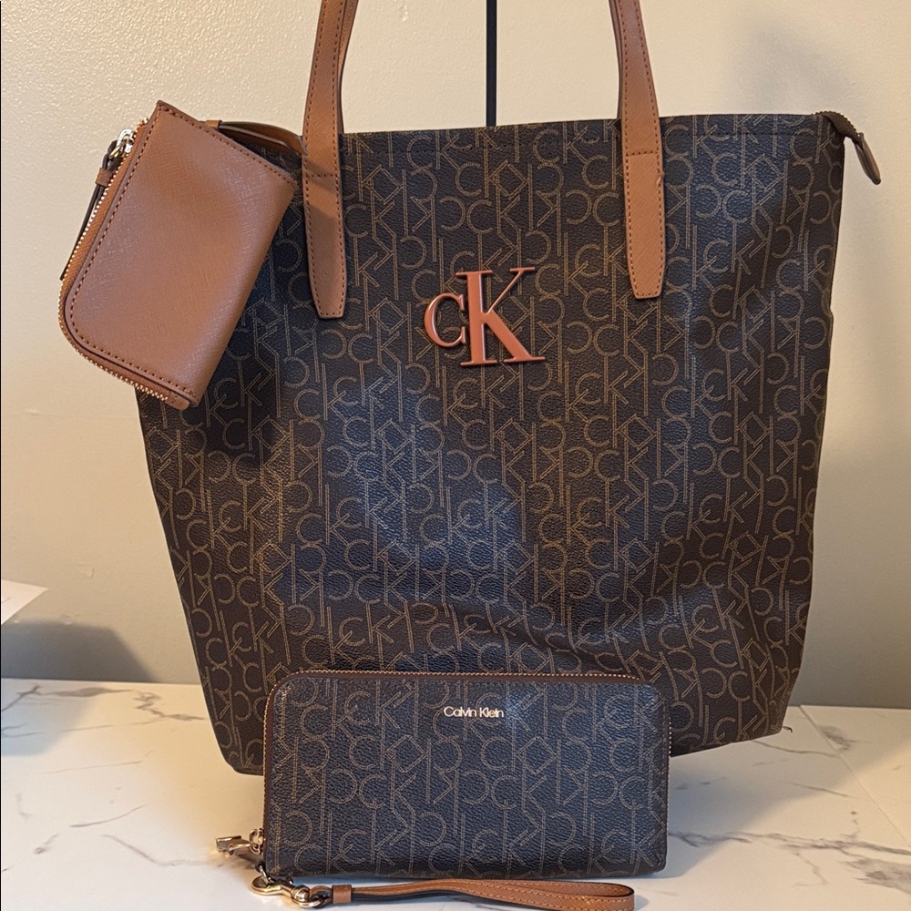 Calvin Klein Brown Logo Tote with Wallet and Pouch